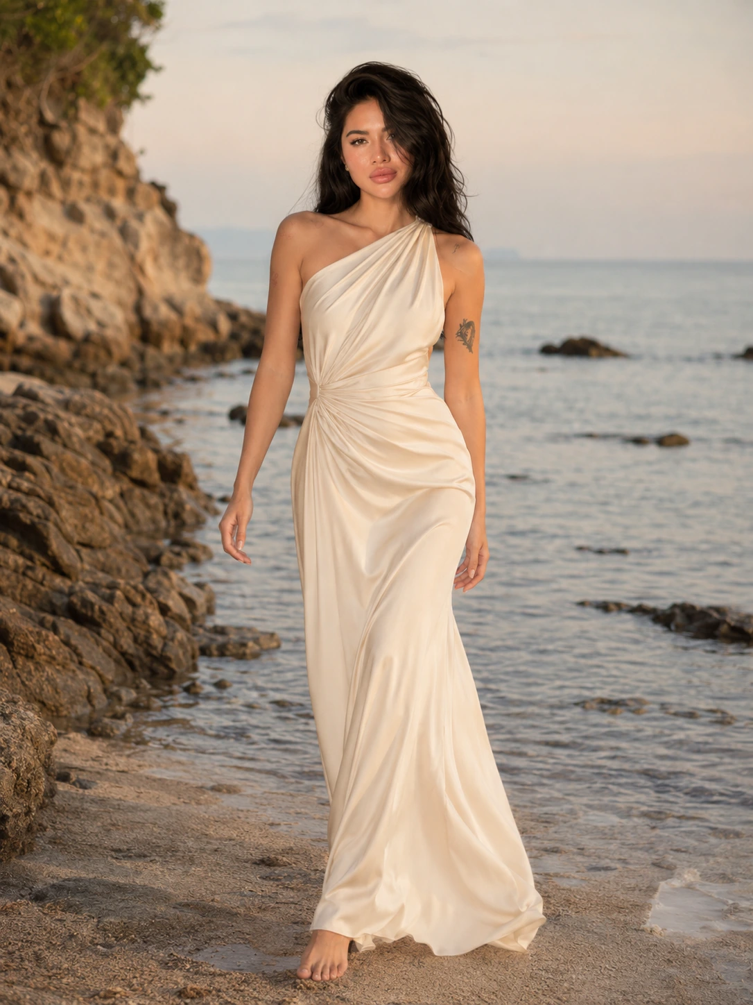 Floor-length gown in cream silk, L'Aurore editorial